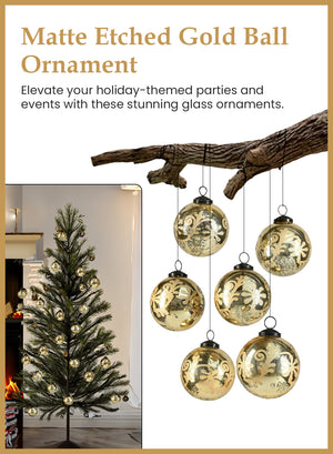 3" Matte Etched Gold Ball Ornament, Set of 6