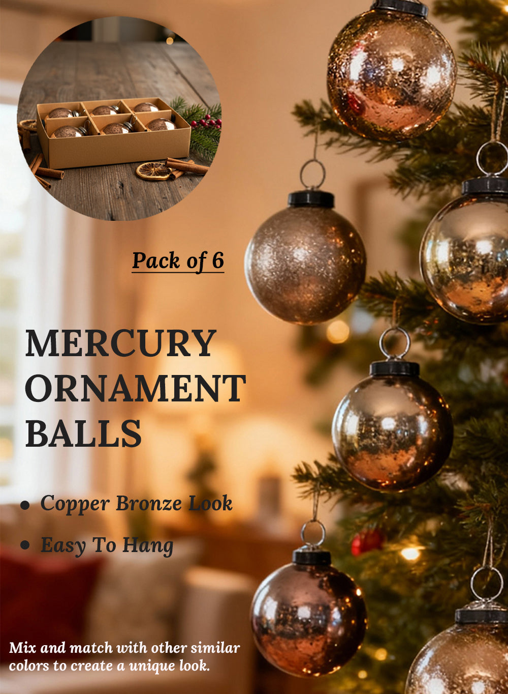 Mercury Glass Ball Ornaments, in 5 Colors, Set of 6