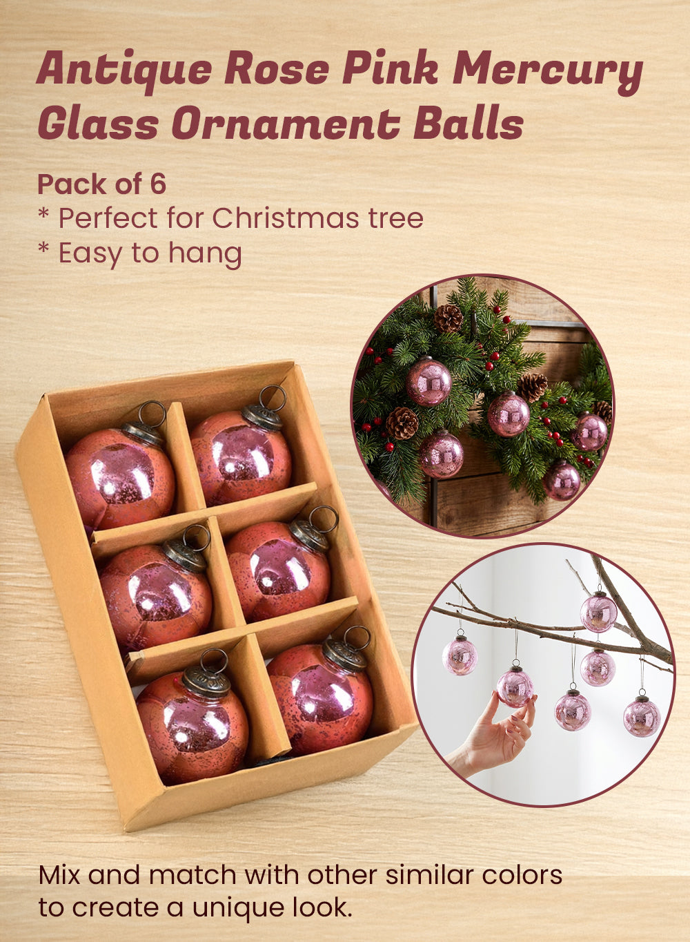 Mercury Glass Ball Ornaments, in 5 Colors, Set of 6