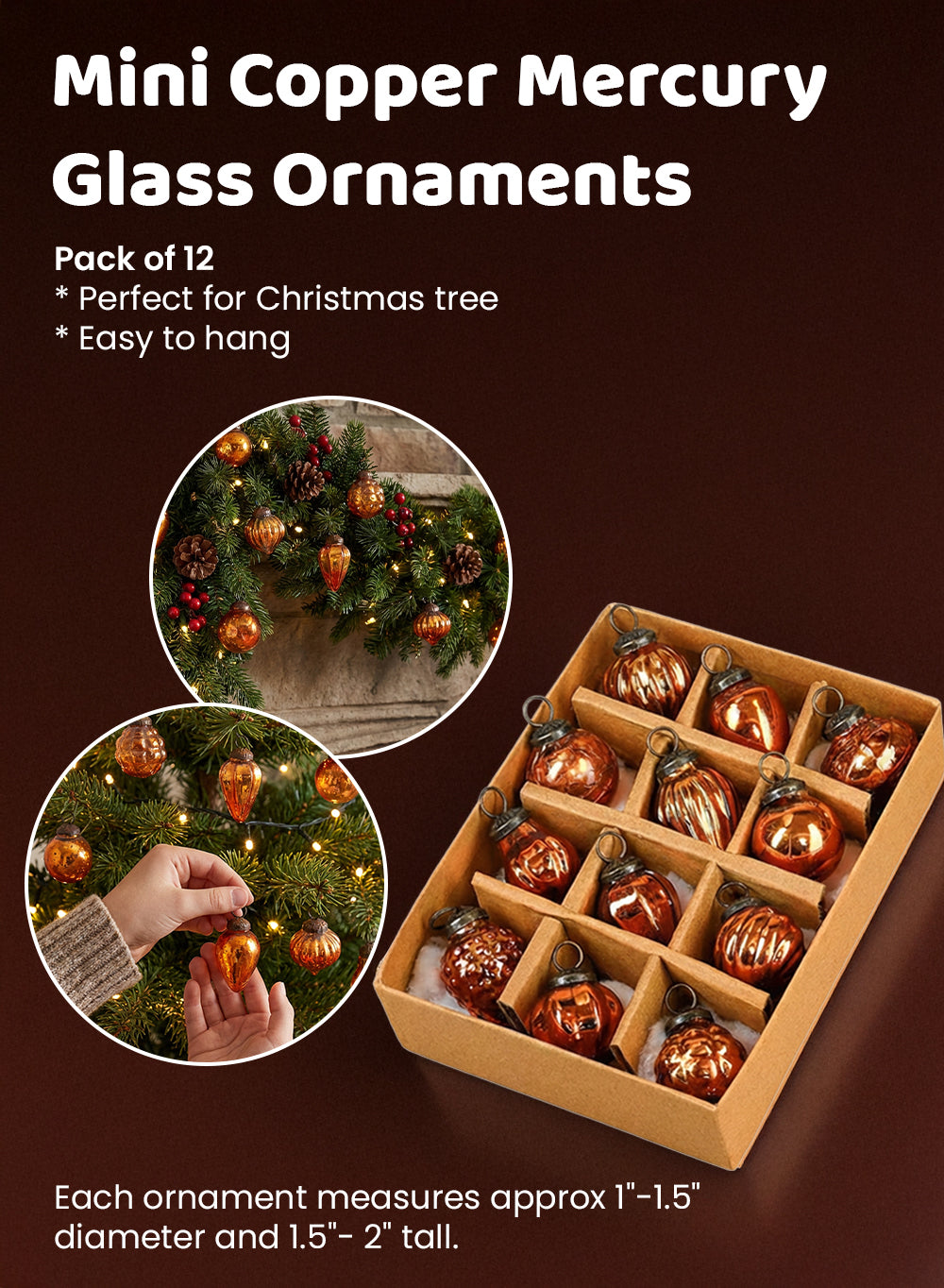 Mini Mercury Glass Ornaments Collection, 1-1.5" Wide x 2" Tall