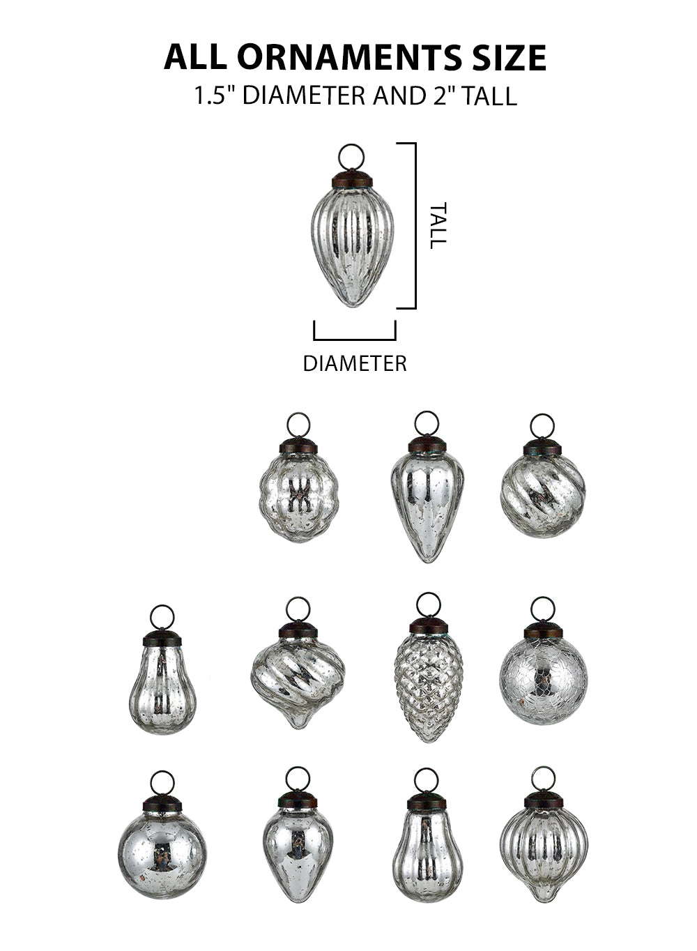 Mini Mercury Glass Ornaments Collection, 1-1.5" Wide x 2" Tall