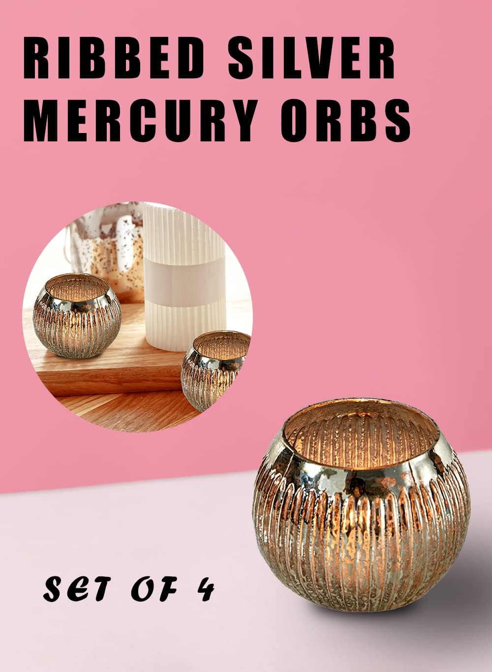 Serene Spaces Living Ribbed Silver Mercury Orbs, Set of 4, Measures 3" Tall & 3.5" Diameter