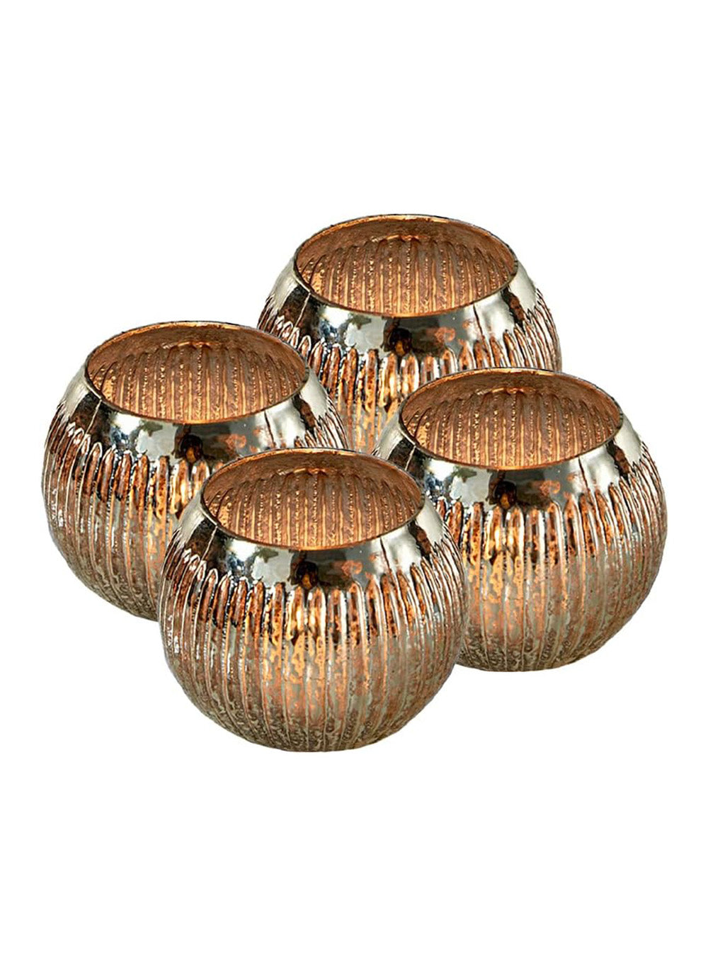 Serene Spaces Living Ribbed Silver Mercury Orbs, Set of 4, Measures 3" Tall & 3.5" Diameter