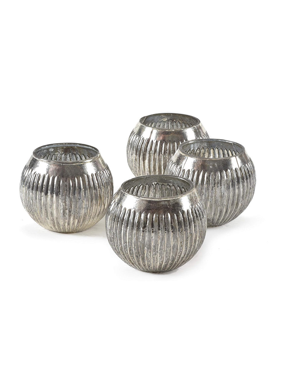 Serene Spaces Living Ribbed Silver Mercury Orbs, Set of 4, Measures 3" Tall & 3.5" Diameter