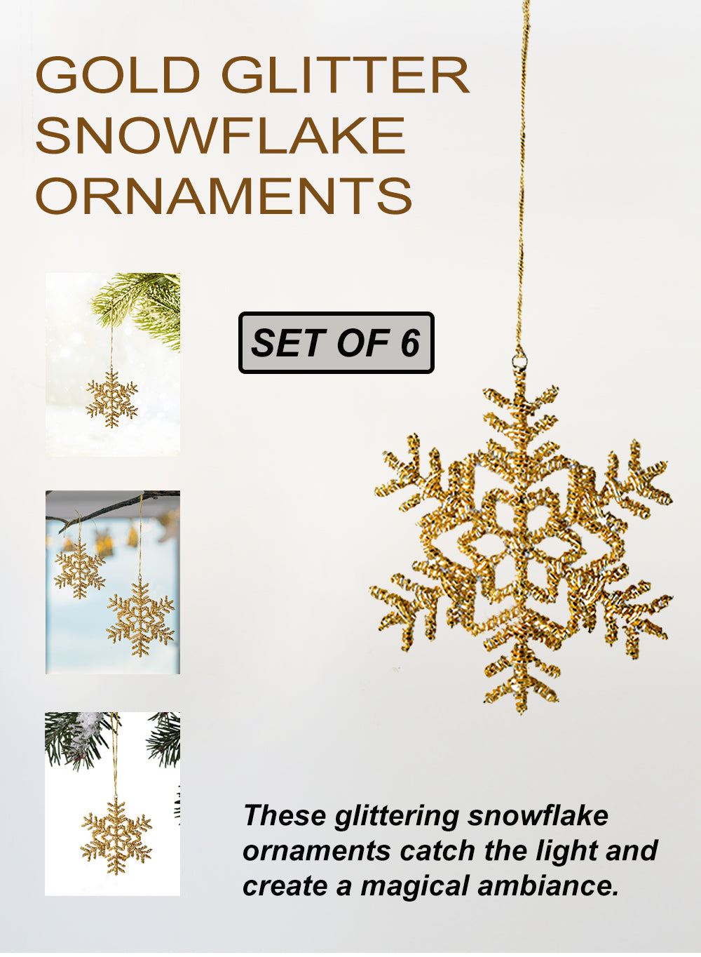 Serene Spaces Living Set of 6 Glitter Snowflake Ornaments, Available in 2 Colors