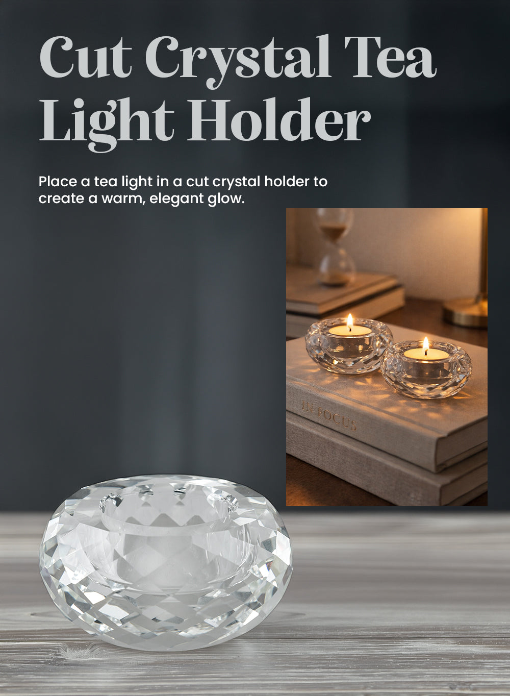 Cut Crystal Tea Light Holder, Beautiful Glow, 3.25"D x 1.5"T