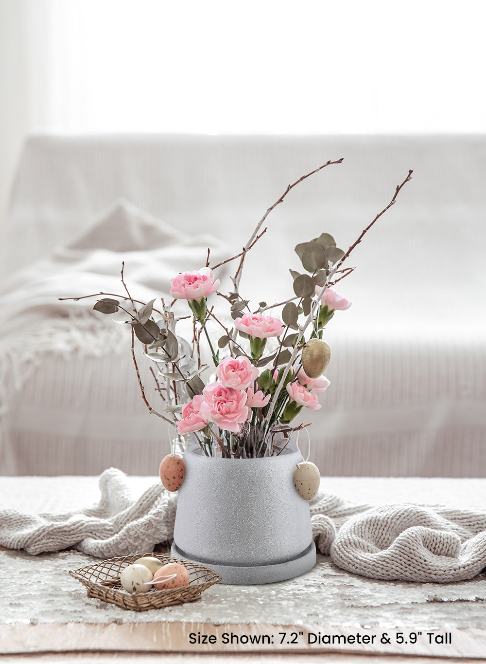 Solvia Sand Gray Ceramic Planter with Saucer, 7.2" Diameter & 5.9" Tall