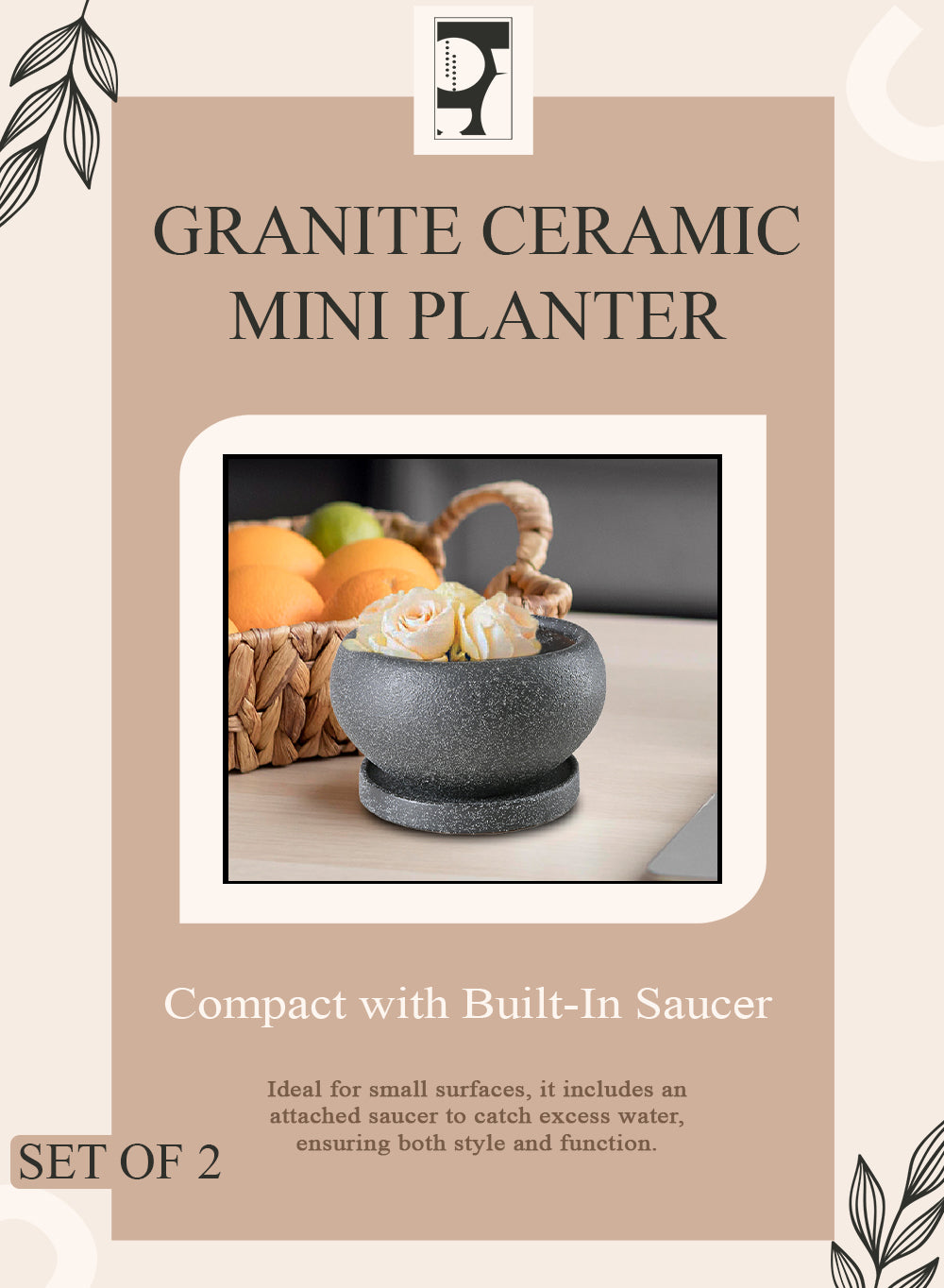 Granite Ceramic Mini Planter, 6" Diameter & 3.5" Tall