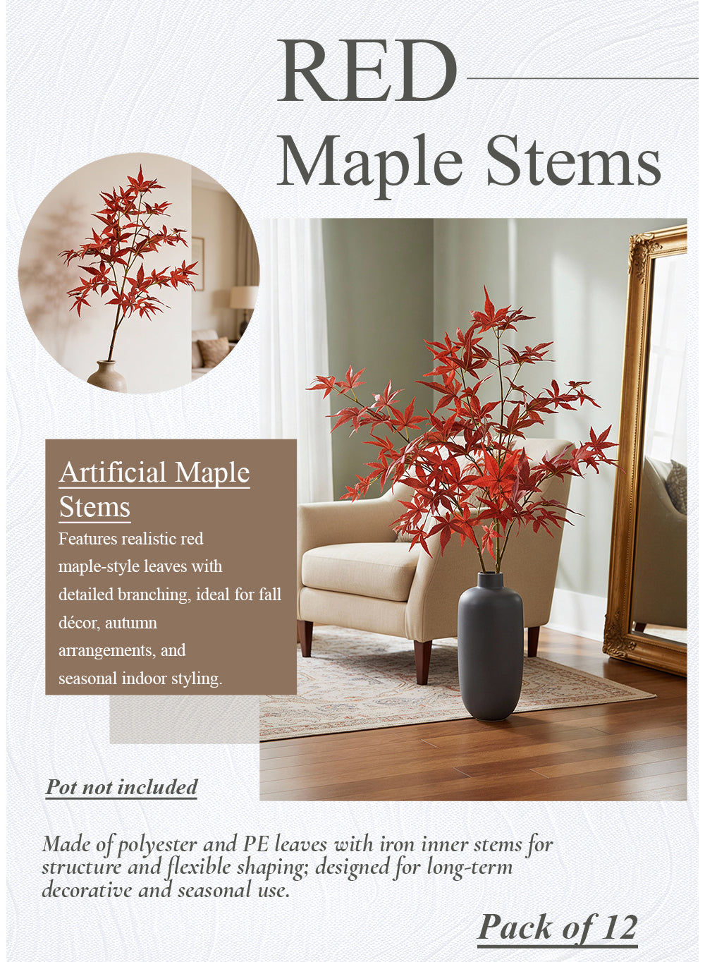 Artificial Red Maple Stems, 35" Tall, Pack of 12