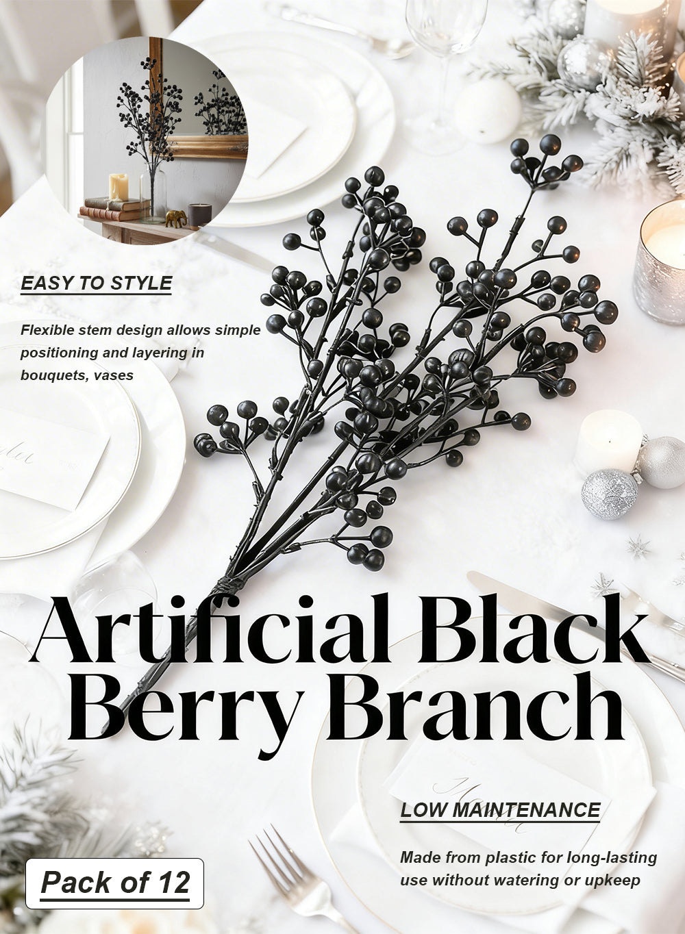 Artificial Black Berry Branch,14.5" Tall, Pack of 12
