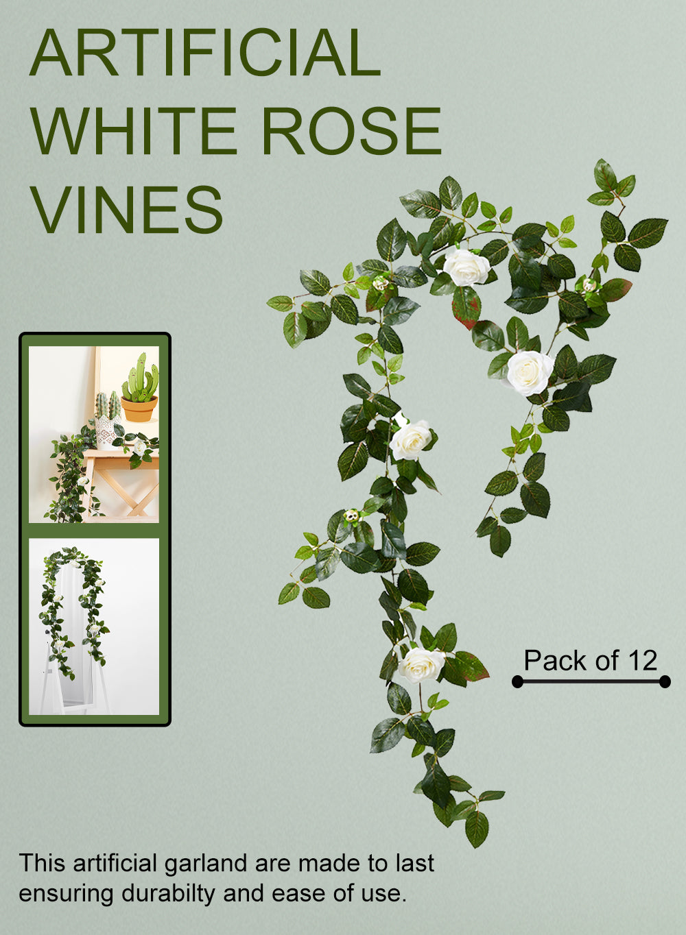 Serene Spaces Living 12 Pack of 55 Inch Artificial White Rose Vines