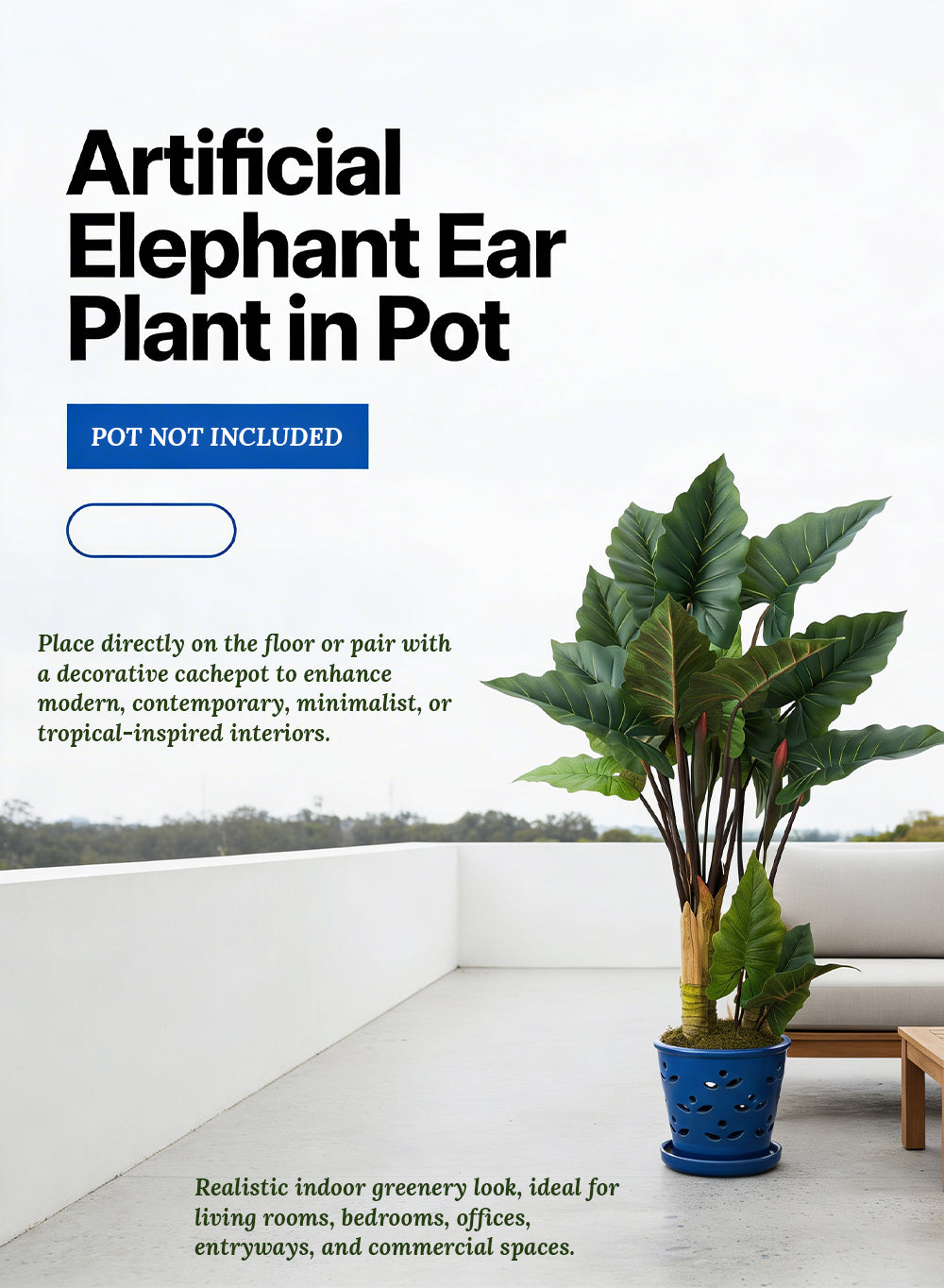 Artificial Elephant Ear Plant in Pot, 9.5" Diameter & 68.5" Tall