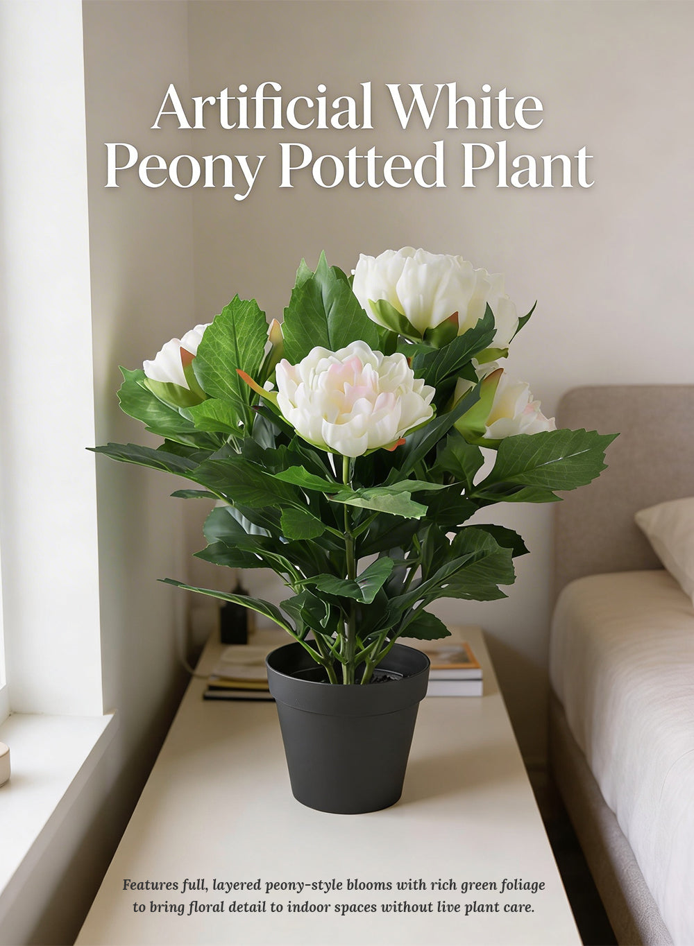 Artificial White Peony Potted Plant, 5" Diameter & 19.5" Tall