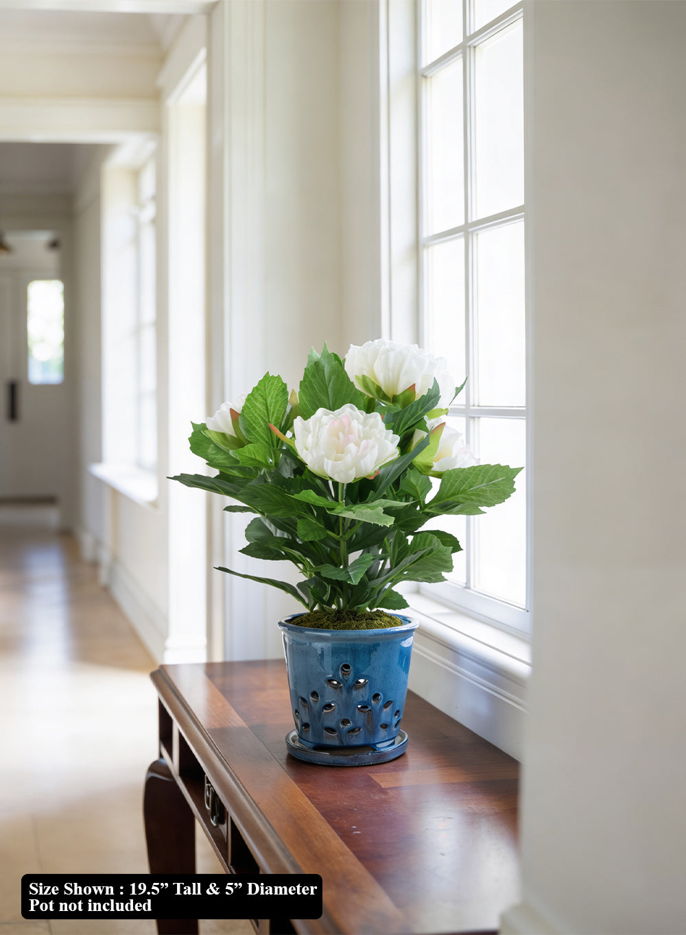 Artificial White Peony Potted Plant, 5" Diameter & 19.5" Tall