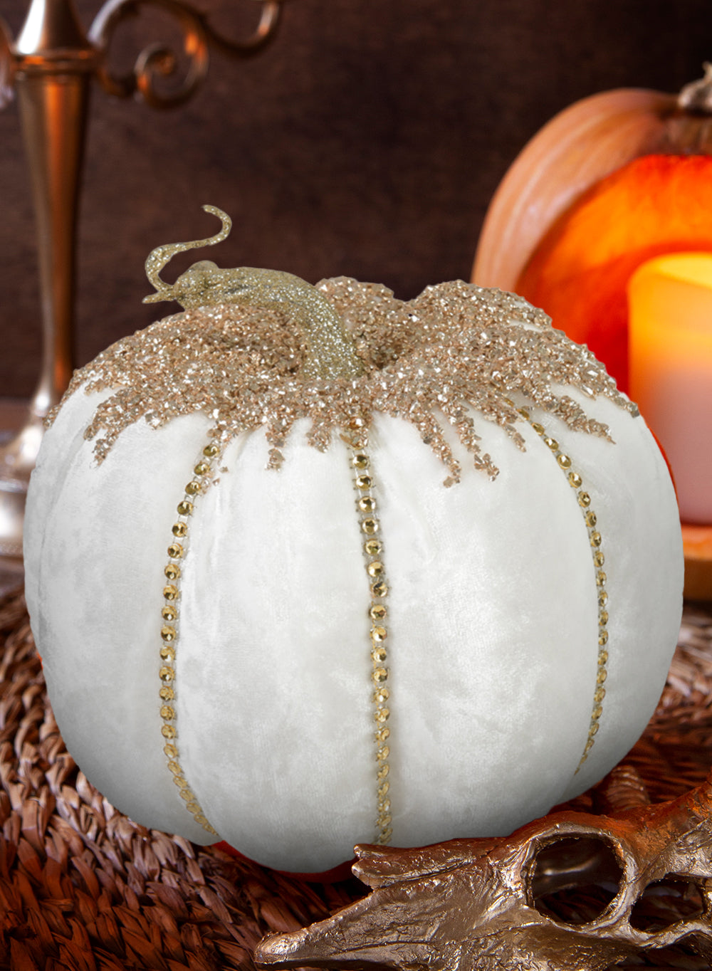 7" White/Orange Velvet Jewelled Pumpkin with Jewels