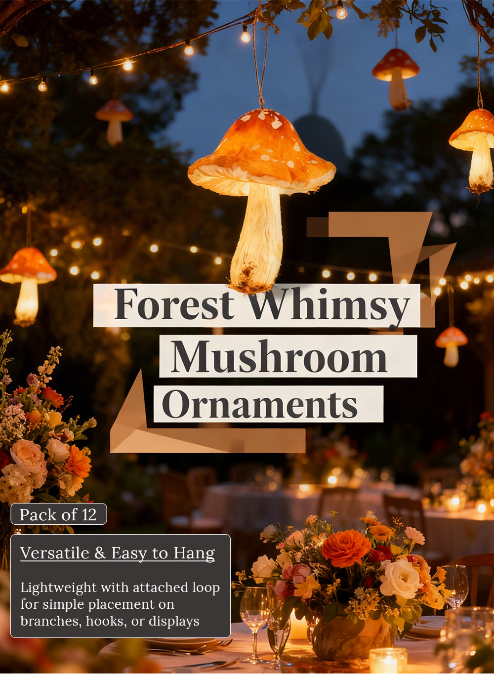 Forest Whimsy Mushroom Hanging Ornaments, 5" Wide & 7" Tall, Pack of 12