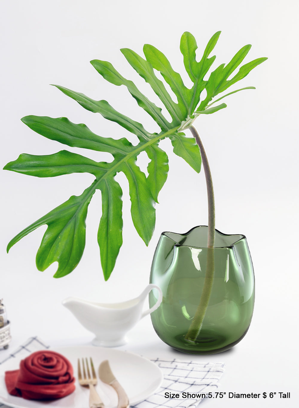 MossWave Green Short Glass Vase, 5.75" Diameter & 6" Tall