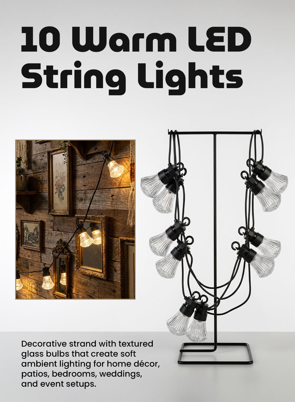 10 Warm LED String Lights, 123" Long