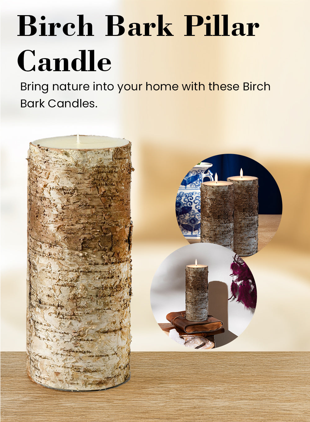 Birch Bark Pillar Candle, In 3 Sizes