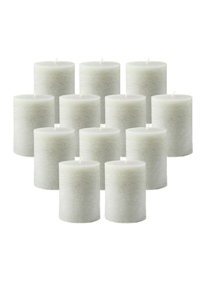 Serene Spaces Living Set of 12 Rustic Cement Green Pillar Candles for Wedding, Birthday, Holiday & Home Decoration, 3" Diameter x 4" Tall