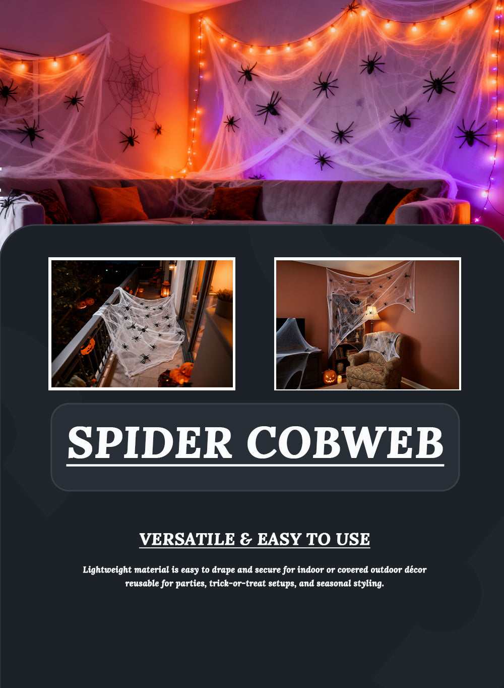 Spider Cobweb Halloween Decor Set, 6 Ft Long