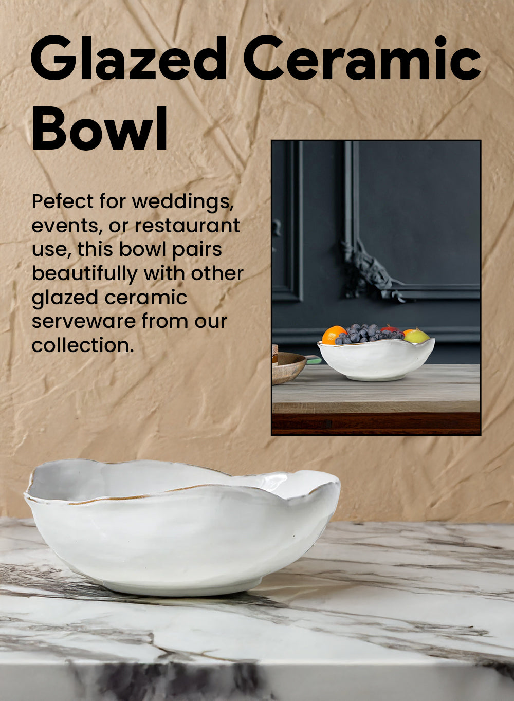 Free-Form Edge Glazed Ceramic Bowl, in 4 Sizes