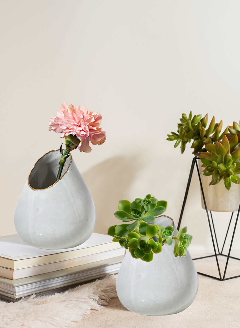 Free-From Edge Glazed Ceramic Vase, in 4 Shapes