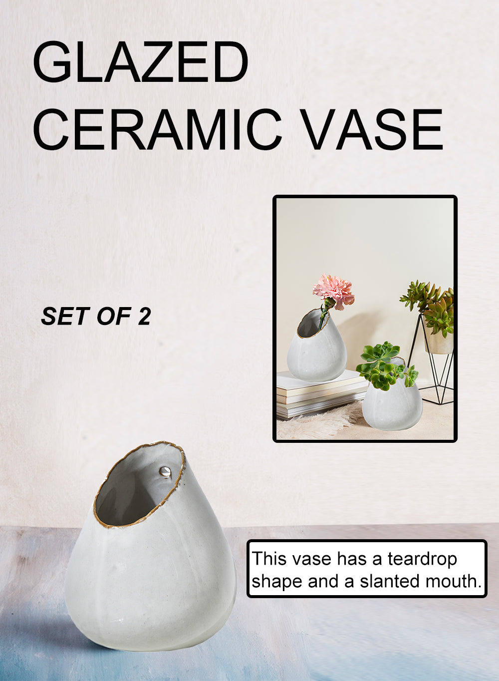 Free-From Edge Glazed Ceramic Vase, in 4 Shapes