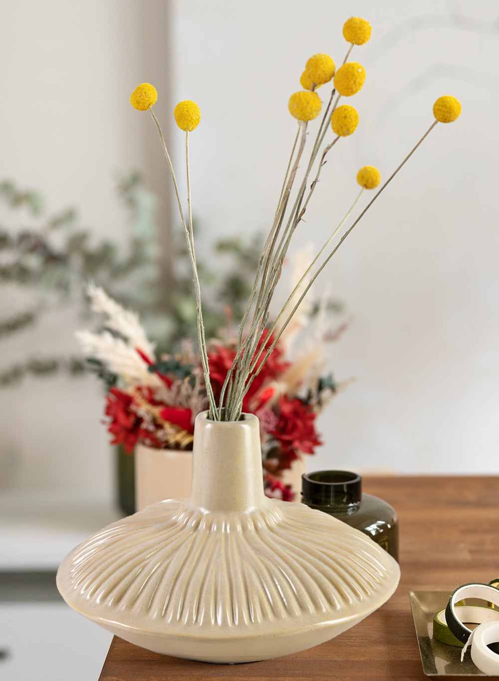 Ribbed Beige Ceramic Bud Vase, 9" Diameter & 6" Tall