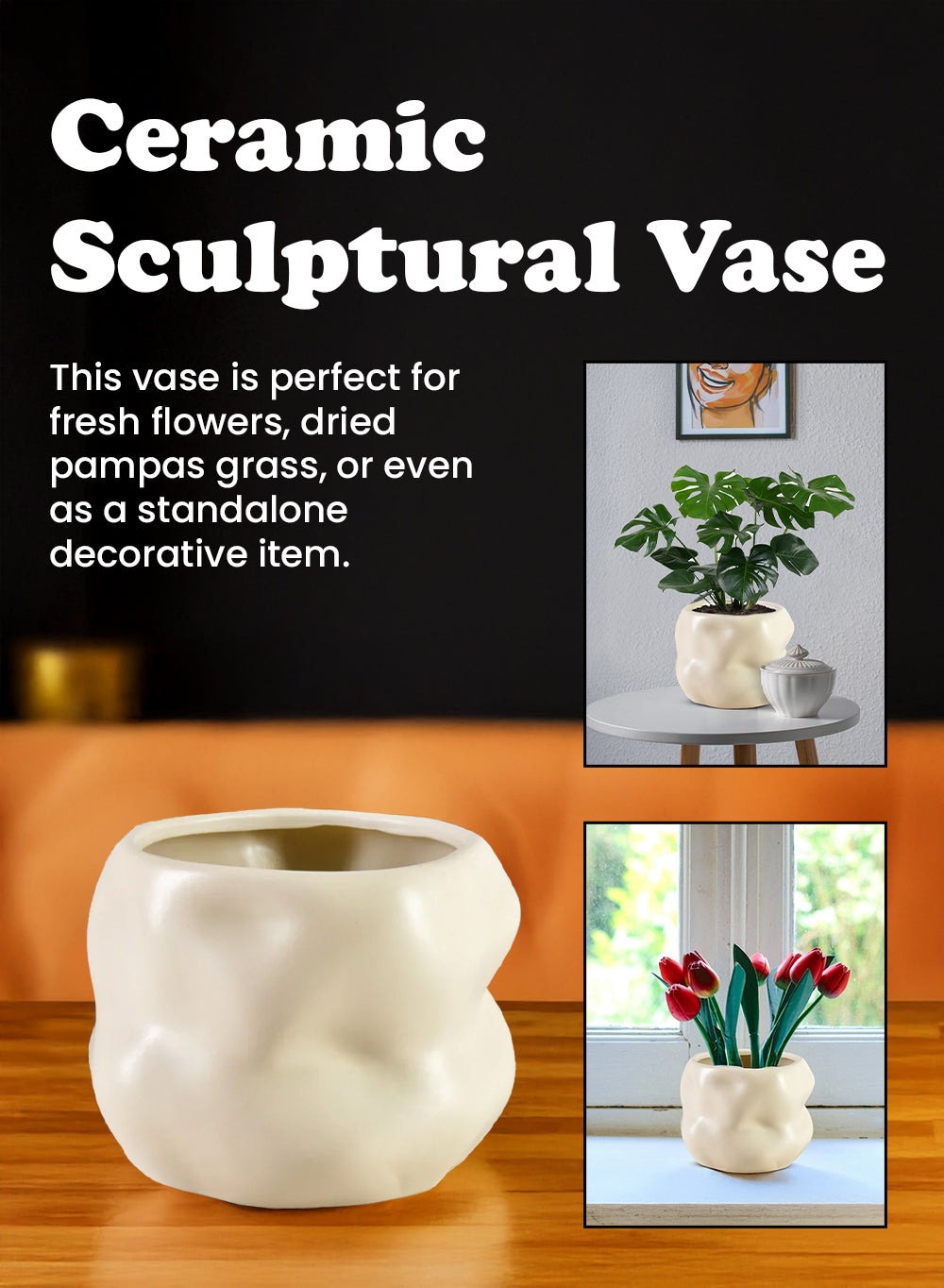 Ceramic Sculptural Vase, 6.5" Diameter & 5" Tall