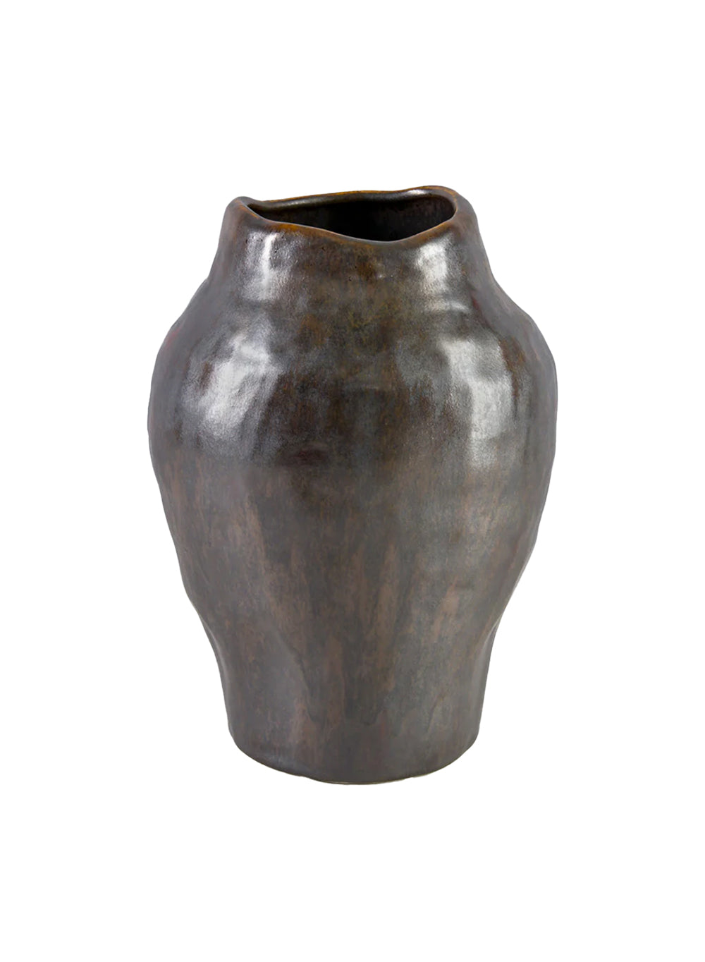 Aged Brown Ceramic Urn Vase, 8" Diameter & 9.5" Tall