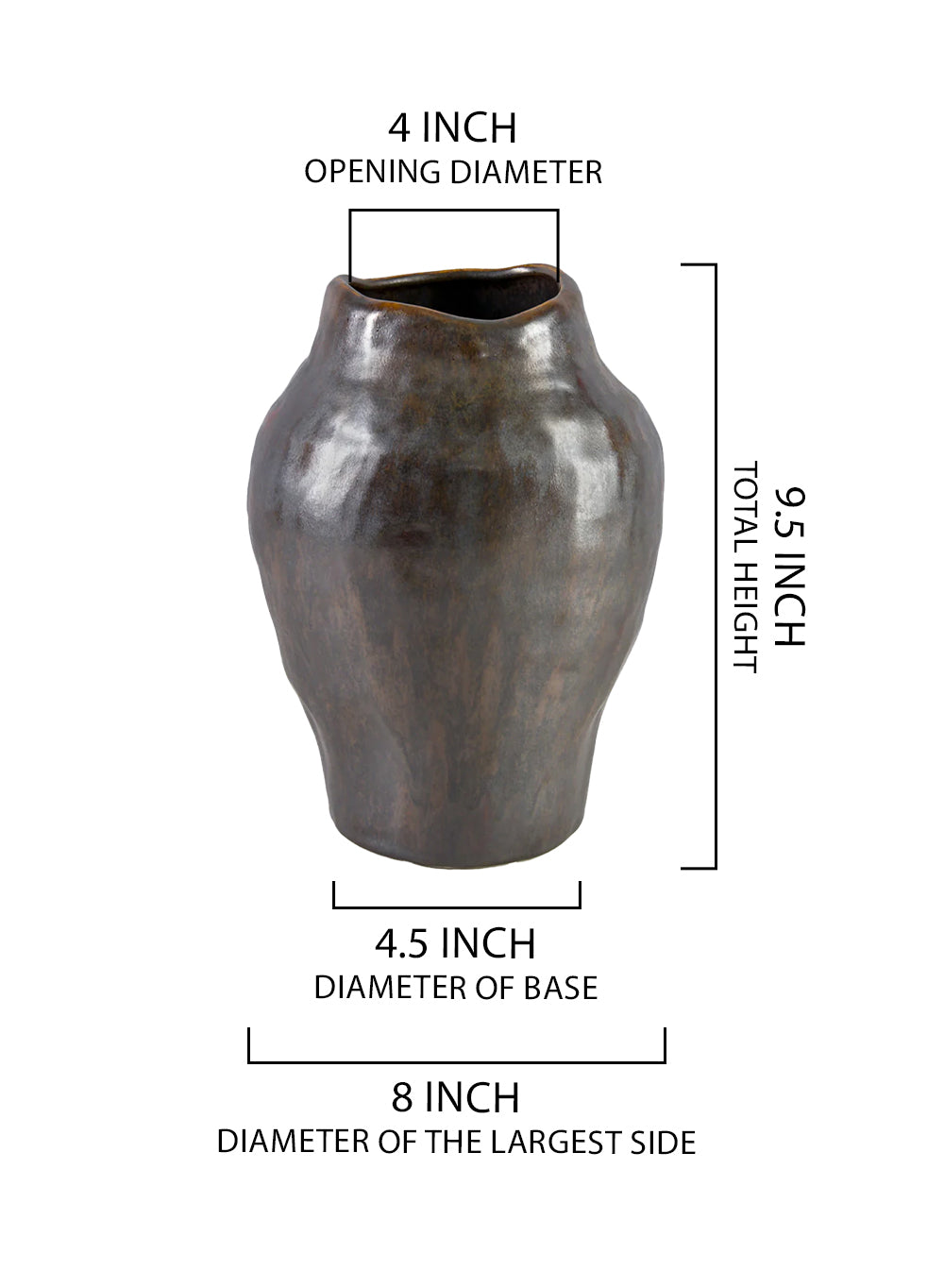 Aged Brown Ceramic Urn Vase, 8" Diameter & 9.5" Tall