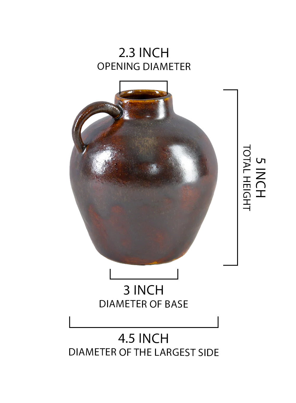 Brown Glazed Ceramic Jug Vase, 4.5" Diameter & 5" Tall