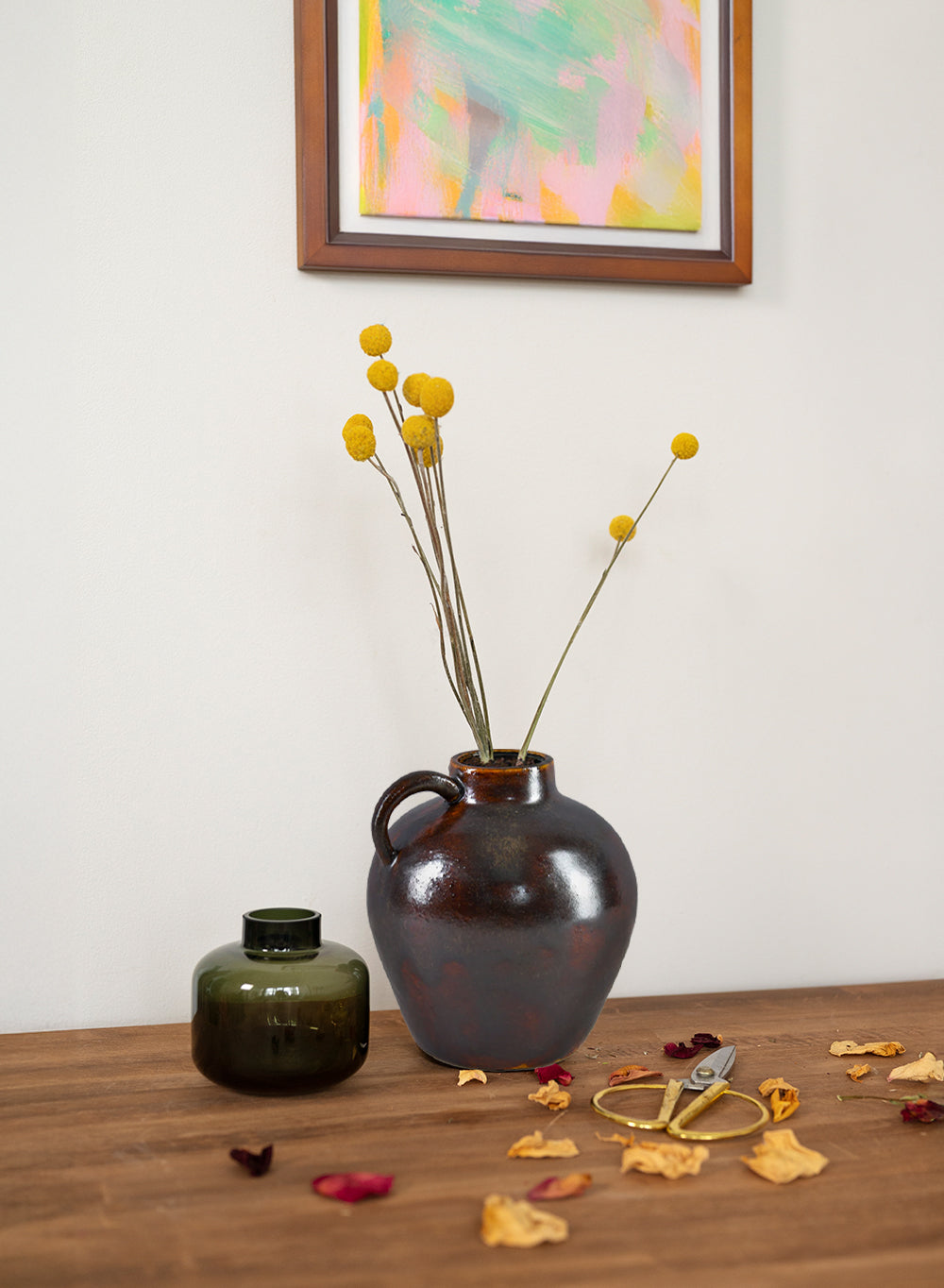 Brown Glazed Ceramic Jug Vase, 4.5" Diameter & 5" Tall