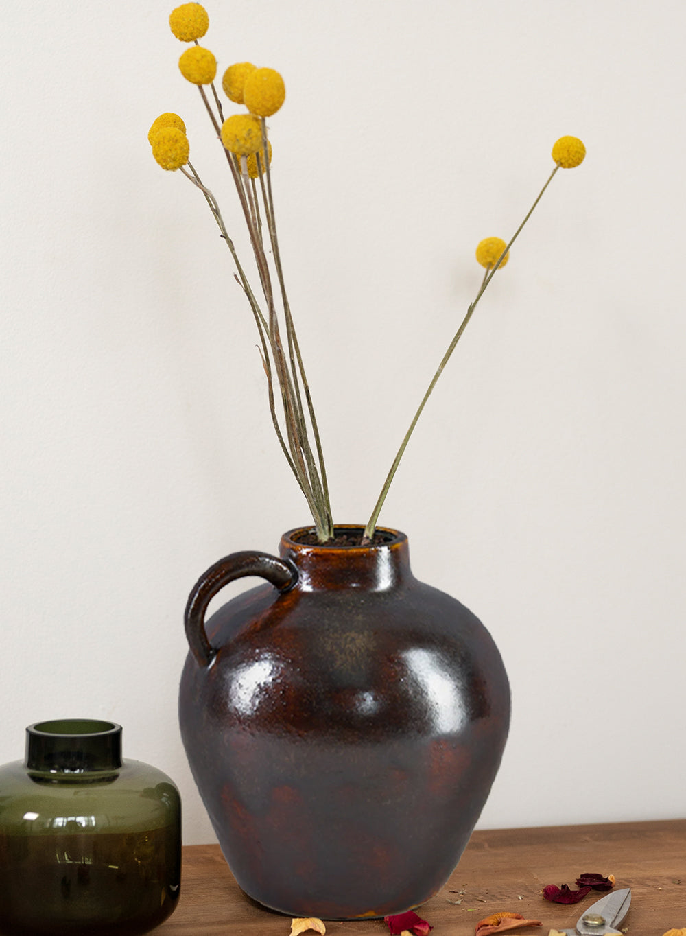 Brown Glazed Ceramic Jug Vase, 4.5" Diameter & 5" Tall