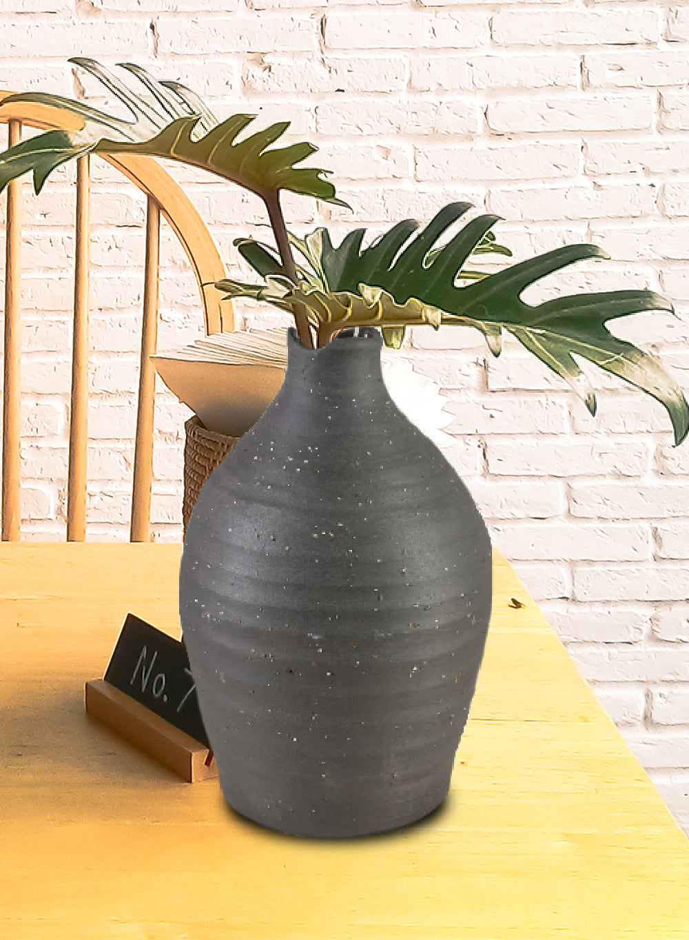 Artisan Black Ceramic Vase, 6" Diameter & 8.5" Tall