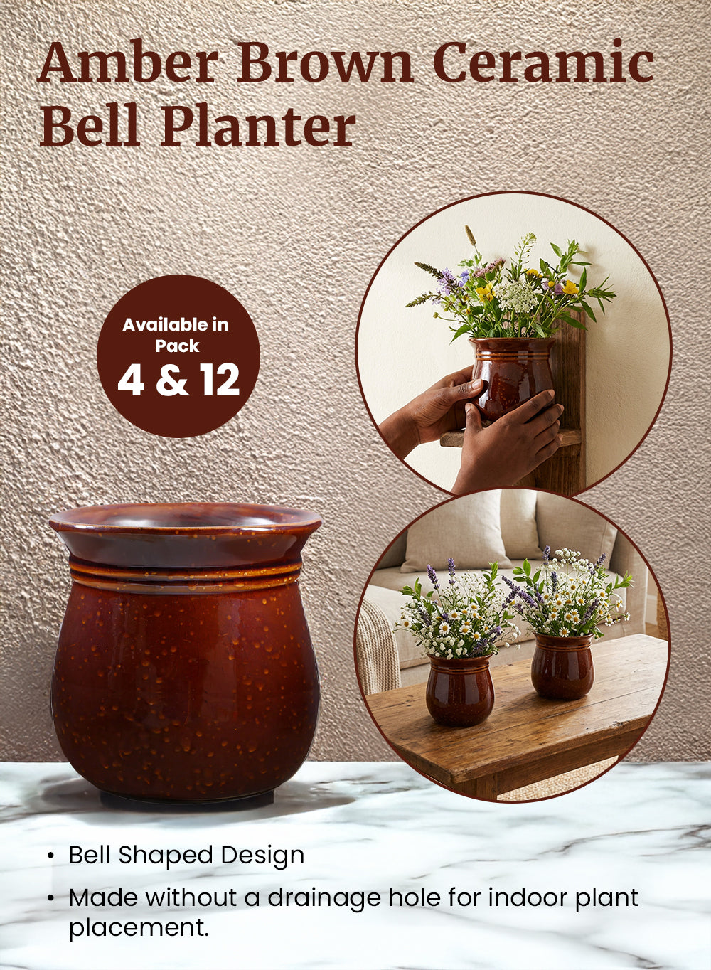 Amber Brown Ceramic Bell Planter Collection