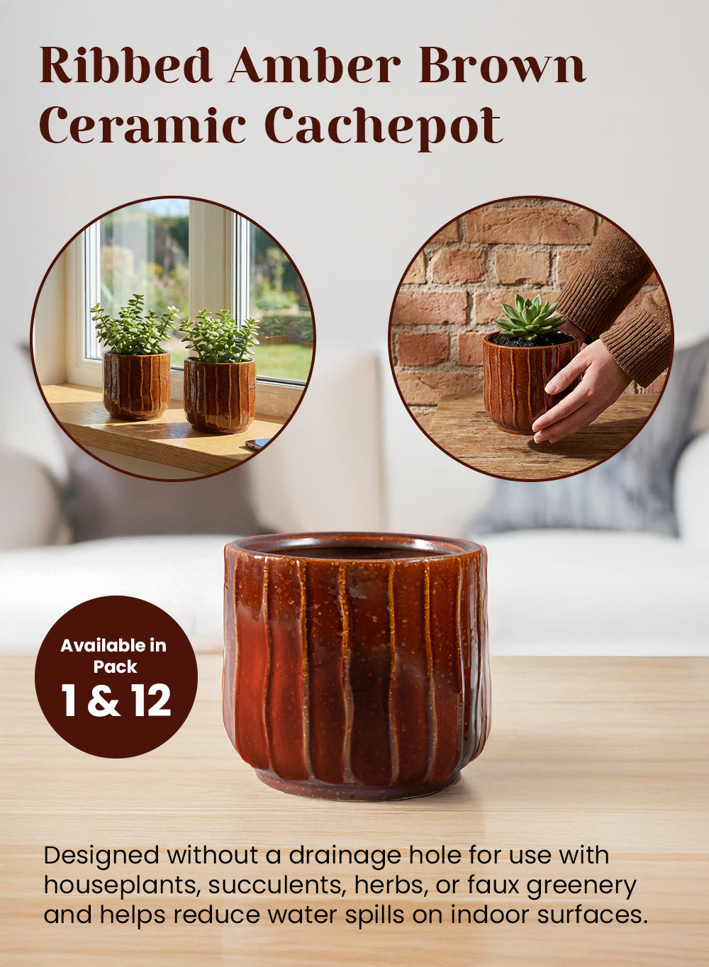 Ribbed Amber Brown Ceramic Cachepot Collection