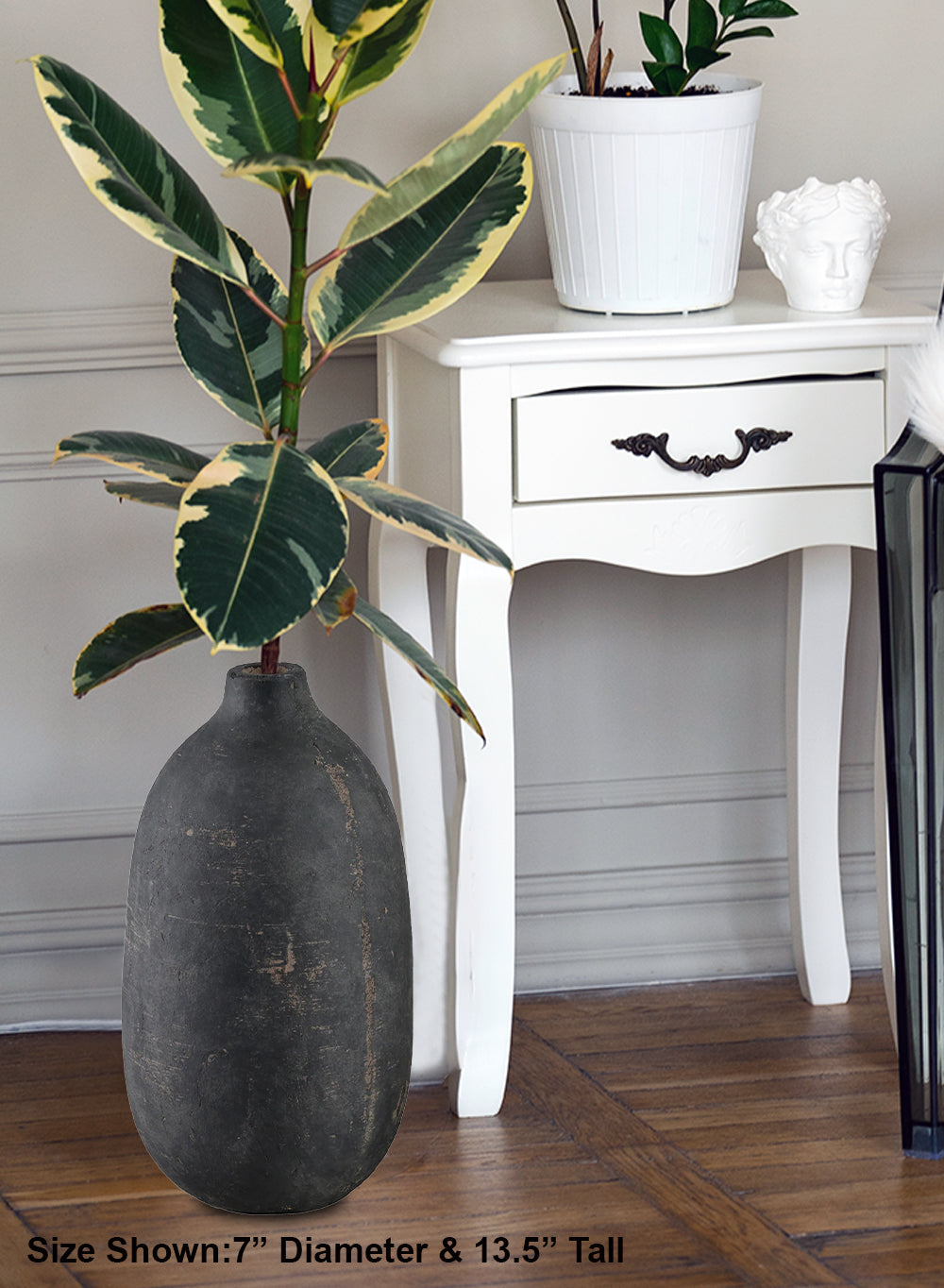 Rustic Black Sandstone Vase, 7" Diameter & 13.5" Tall