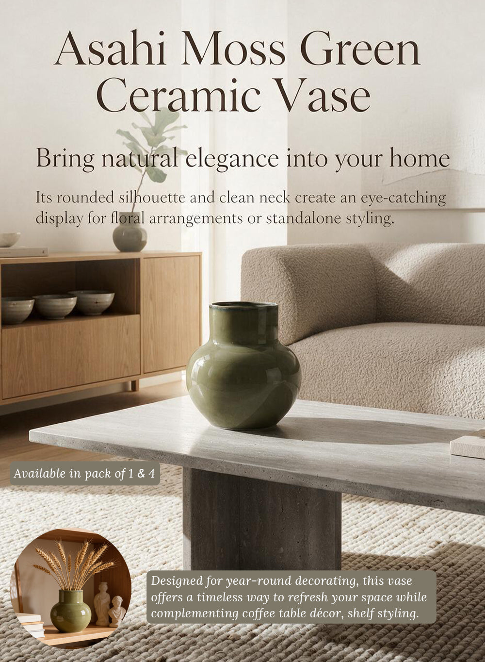 Asahi Moss Green Ceramic Vase Collection