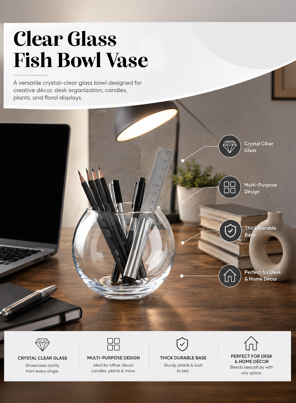 Clear Glass Fish Bowl Vase, 4.7" Diameter & 3.8" Tall, Pack of 12