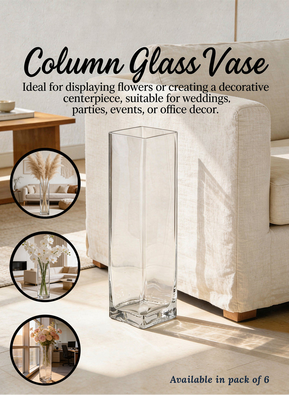 Column Glass Vase, Pack of 6, 4"Diameter & 15"Tall