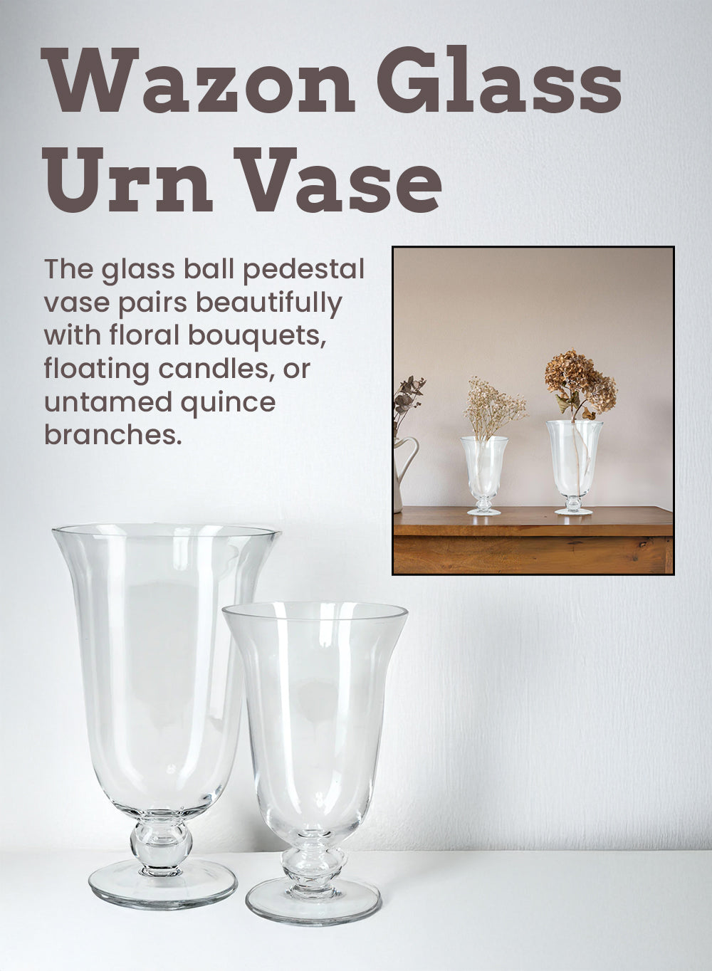 Wazon Pedestal Glass Urn Vase, In 4 Sizes