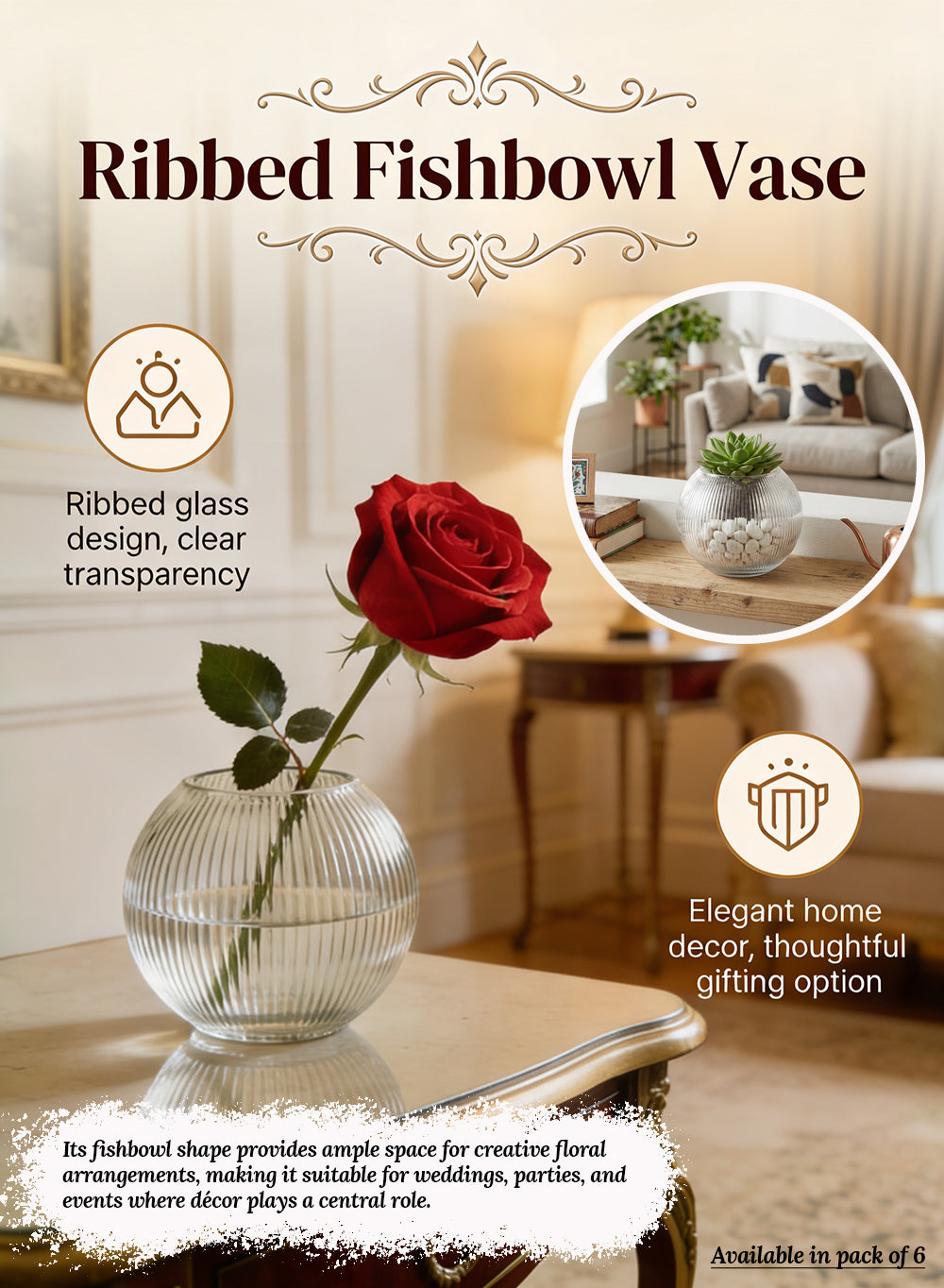 Ribbed Fishbowl Vase, 3.3"Diameter x 5.5"Tall