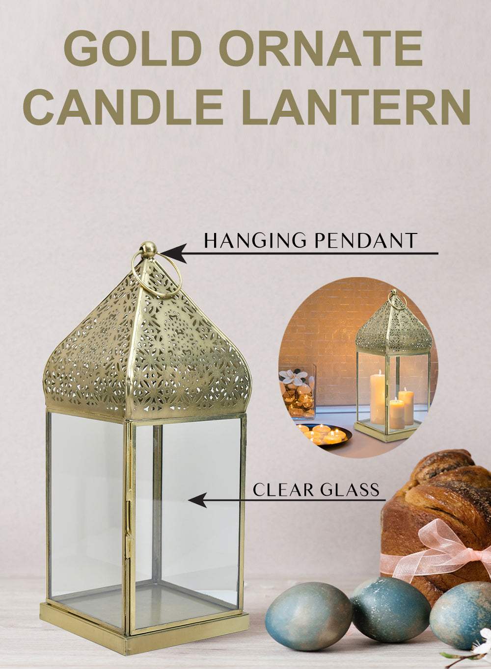 Gold Moroccan Metal Candle Lantern, in 2 Sizes and Material