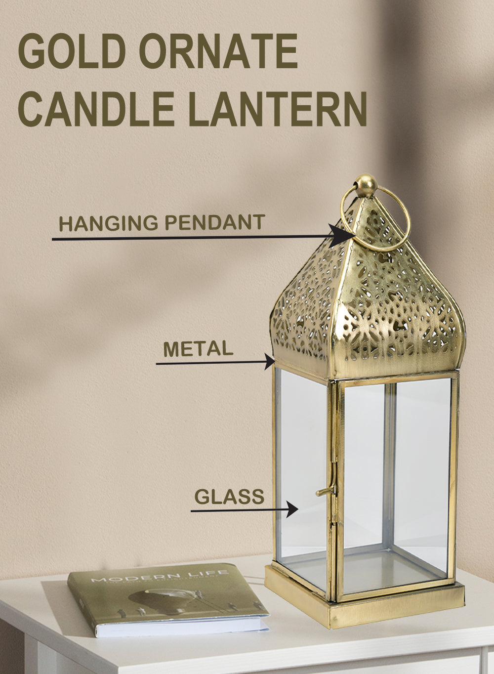 Gold Moroccan Metal Candle Lantern, in 2 Sizes and Material