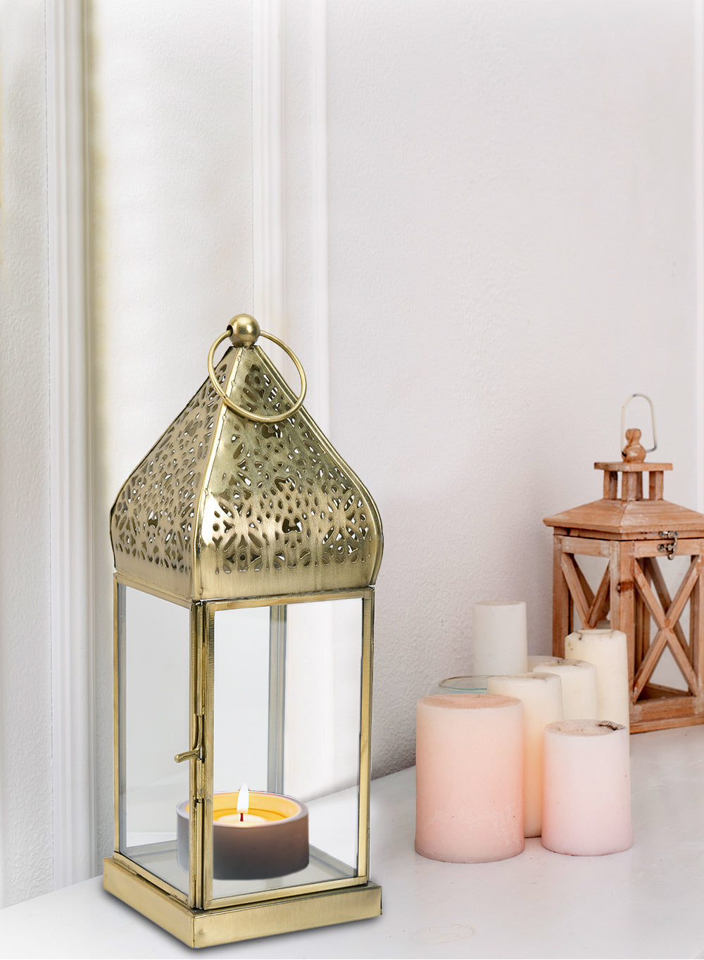 Gold Moroccan Metal Candle Lantern, in 2 Sizes and Material