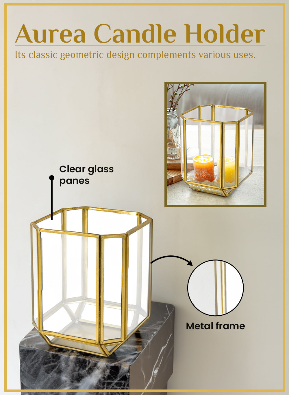 Gold Hexagon Glass Tea Light Holder, Available in 5 Designs