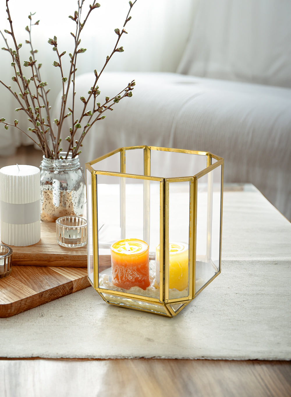 Gold Hexagon Glass Tea Light Holder, Available in 5 Designs