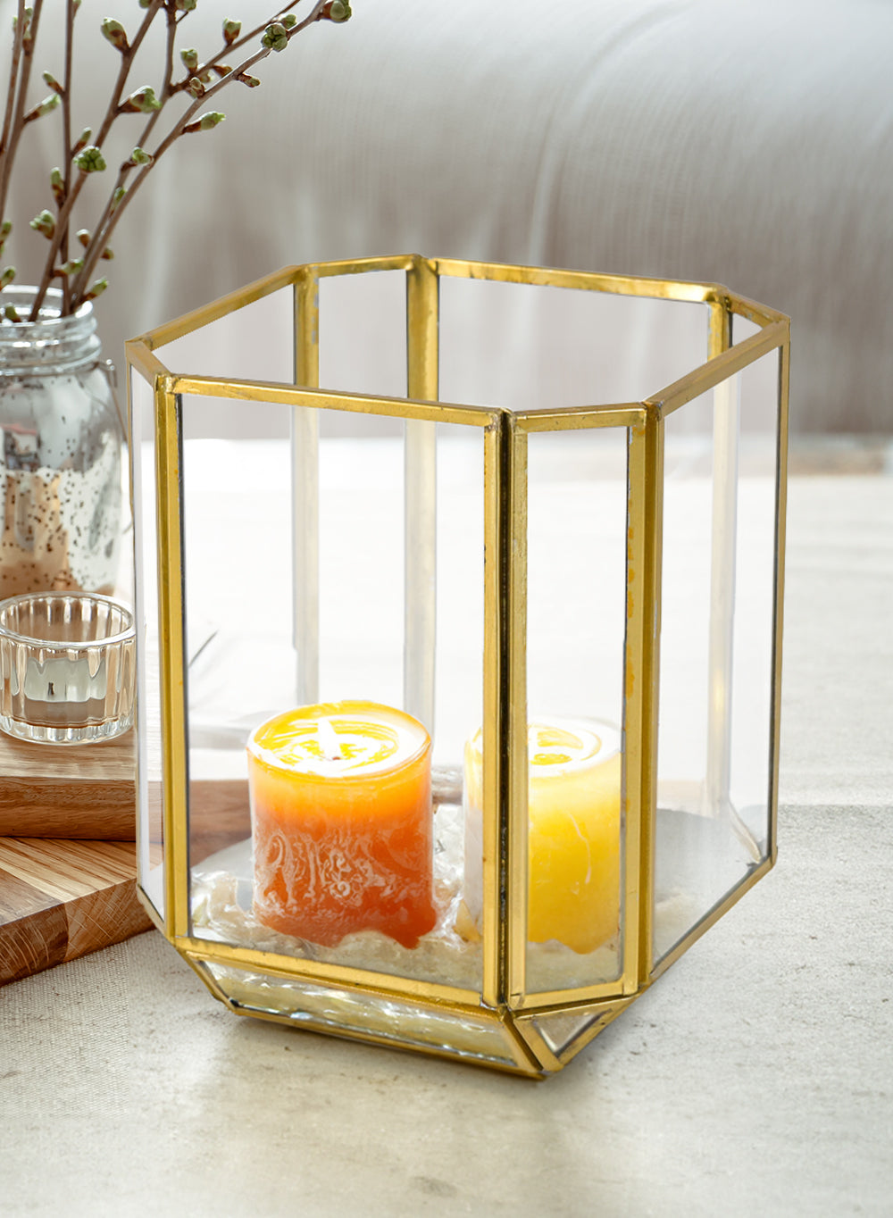 Gold Hexagon Glass Tea Light Holder, Available in 5 Designs